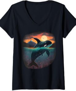 Womens Colourful mystical orca whale watching dolphin pottwhale orca whale V-Neck T-Shirt